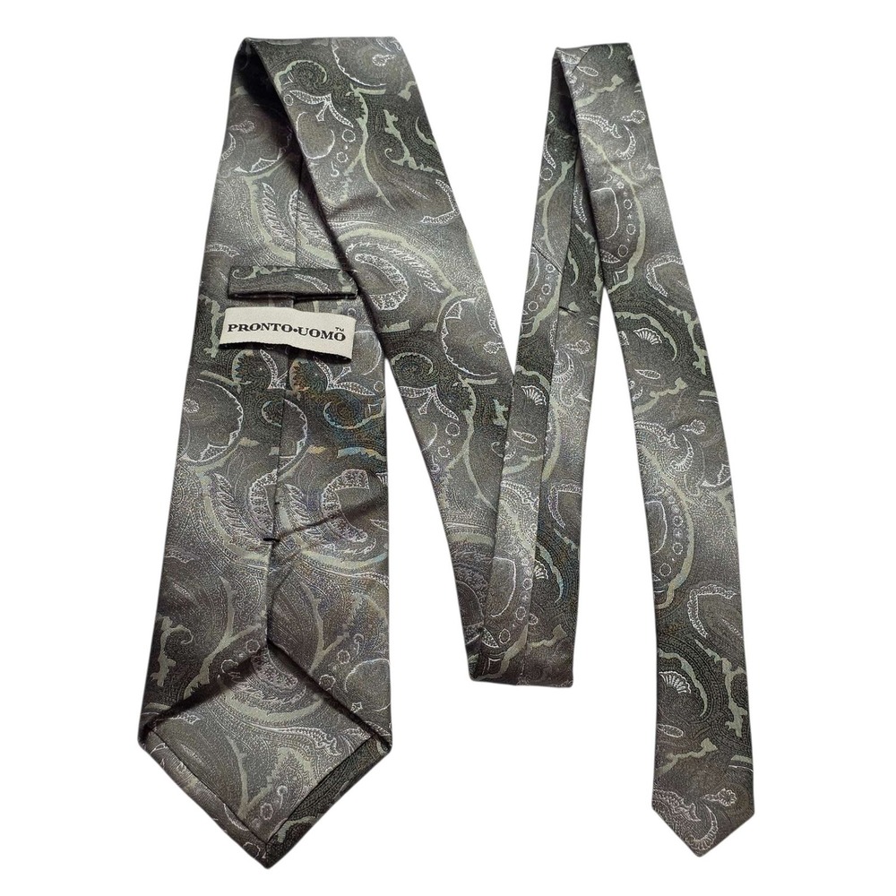 PRONTO UOMO Paisley Silk Necktie Men's Dress‎ Tie Green White 100% Silk Designer